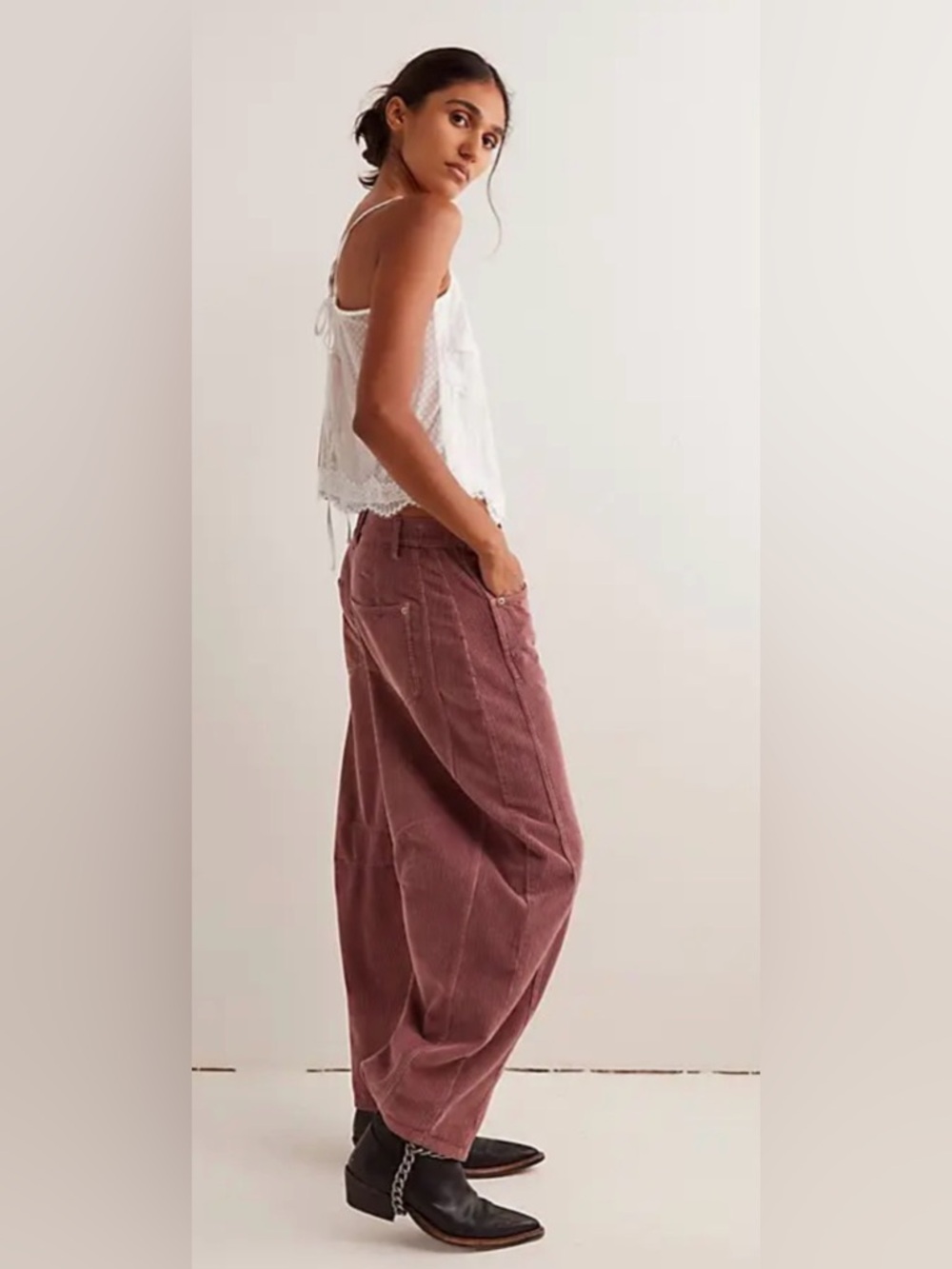 NWT FREE PEOPLE WE THE FREE Good Luck Mid Rise Barrel Jeans Cords Withered Rose - Picture 3 of 16